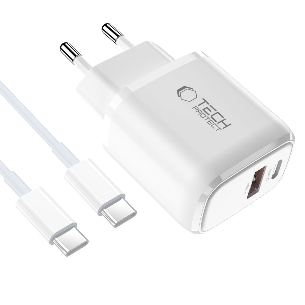 Tech-Protect NCA30 2-portová nabíječka PD 30W QC3.0 + USB-C/USB-C kabel - bílá