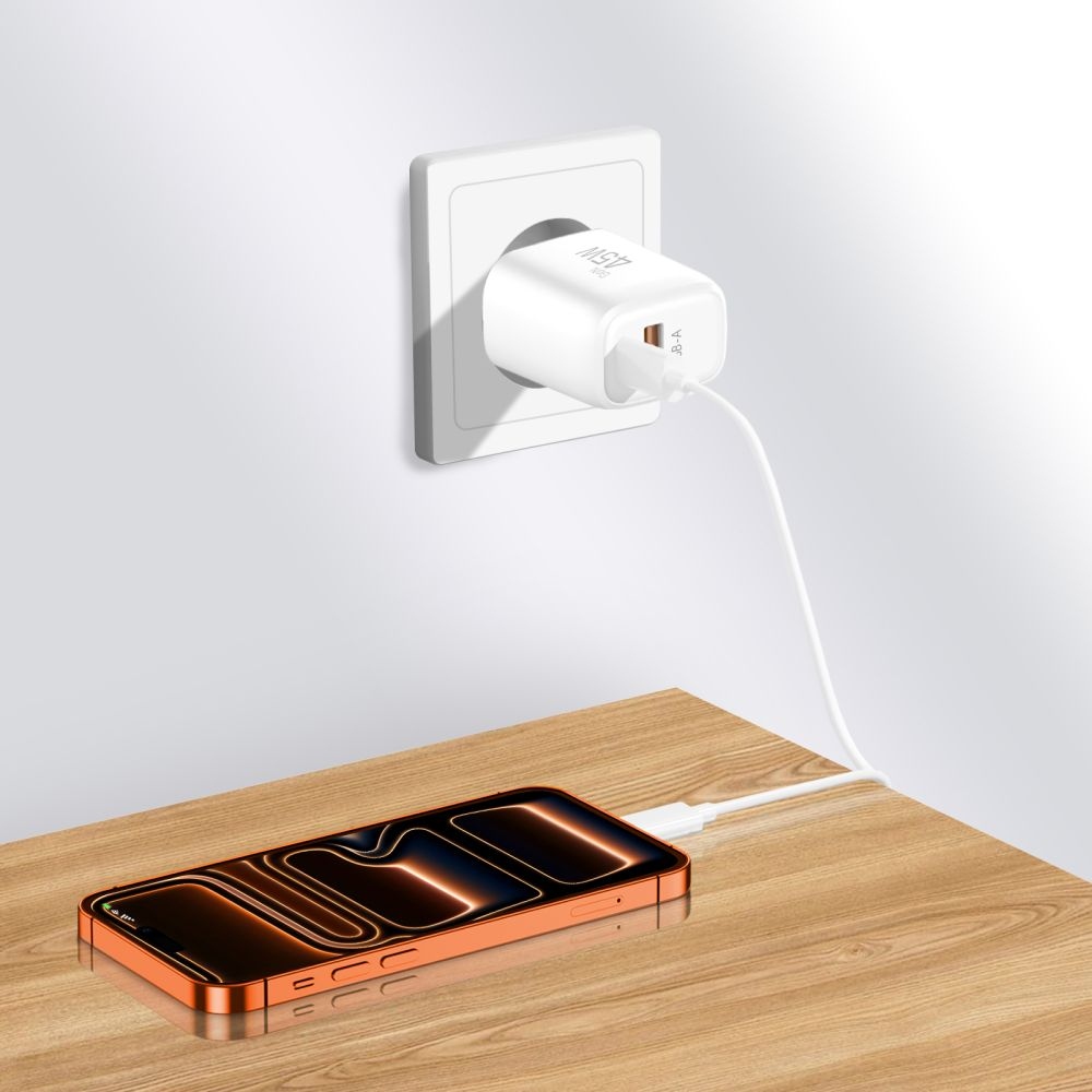 Tech-Protect NCA45W-GaN 2-portová nabíječka PD 45W/QC3.0 + USB-C/Lightning kabel - bílá