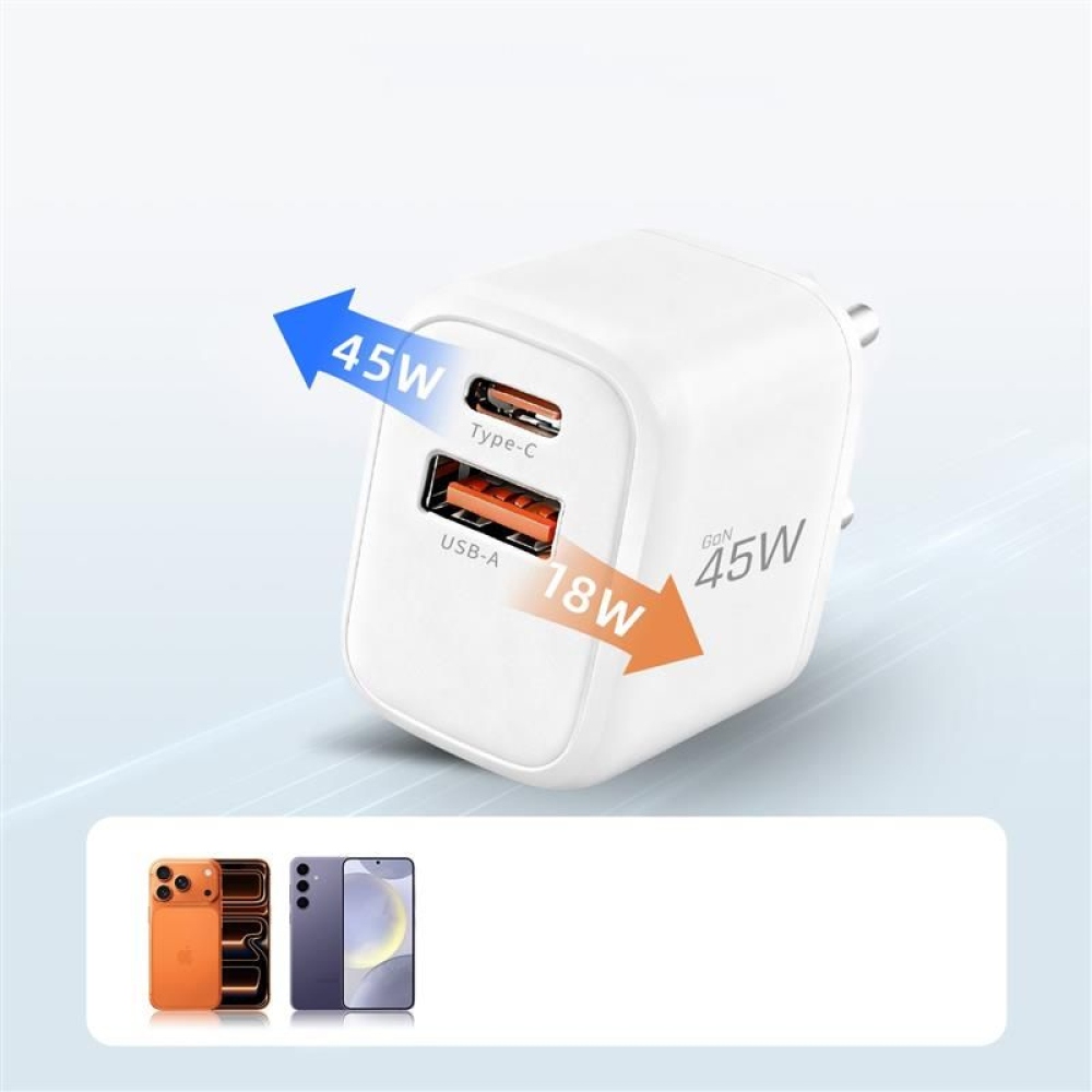 Tech-Protect NCA45W-GaN 2-portová nabíječka PD 45W/QC3.0 + USB-C/Lightning kabel - bílá