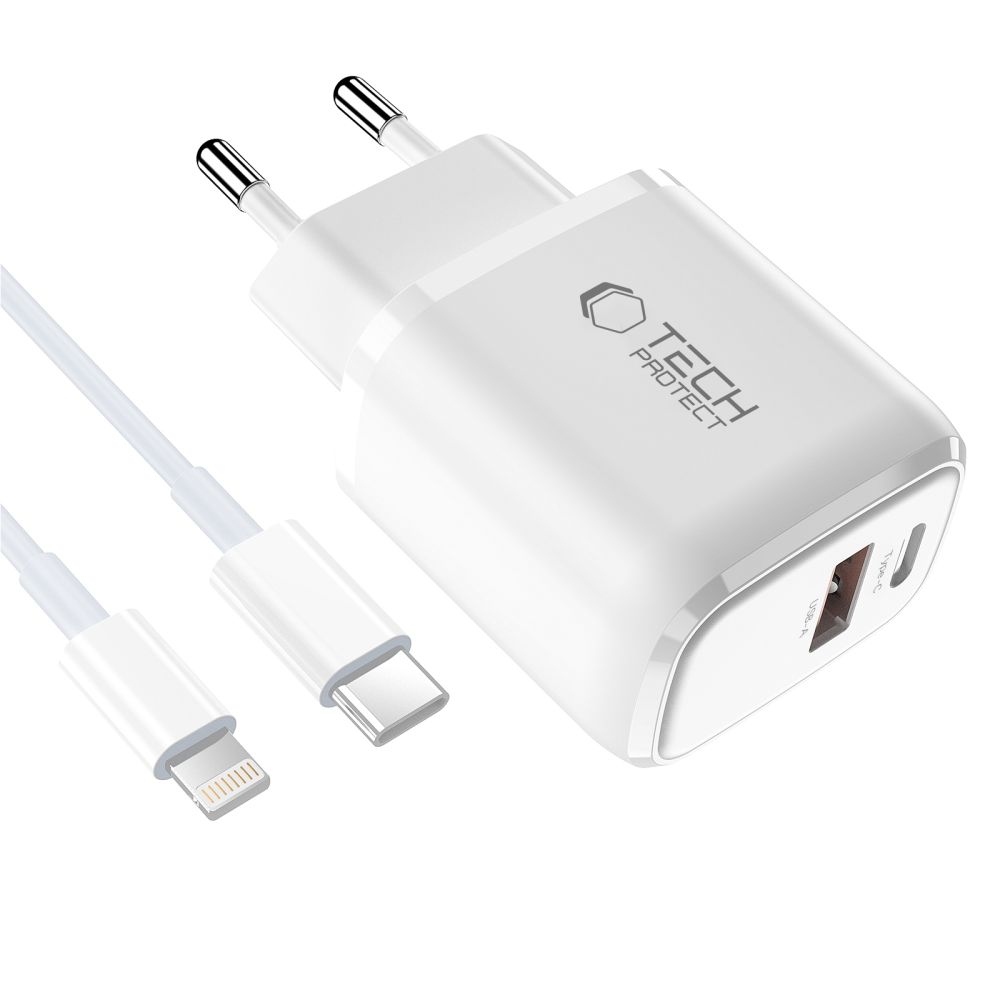 Tech-Protect NCA45W-GaN 2-portová nabíječka PD 45W/QC3.0 + USB-C/Lightning kabel - bílá