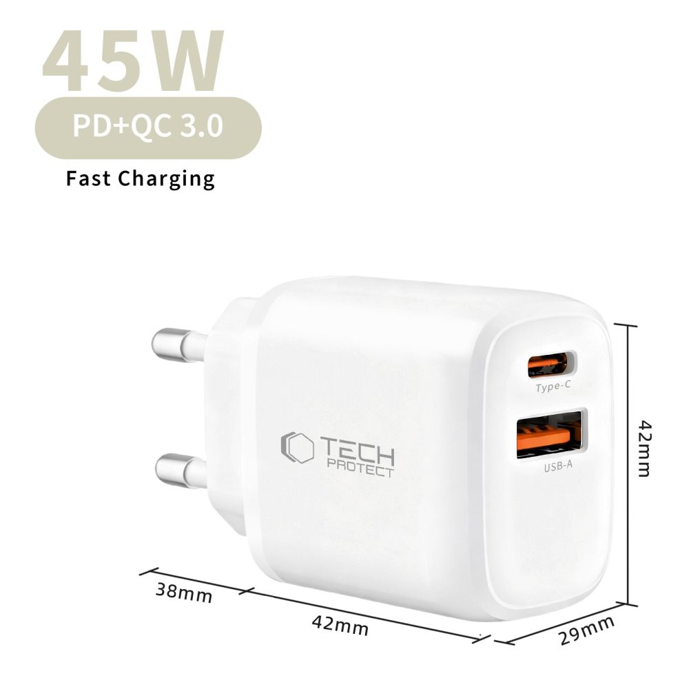 Tech-Protect NCA45W-GaN 2-portová nabíječka PD 45W/QC3.0 + USB-C/Lightning kabel - bílá