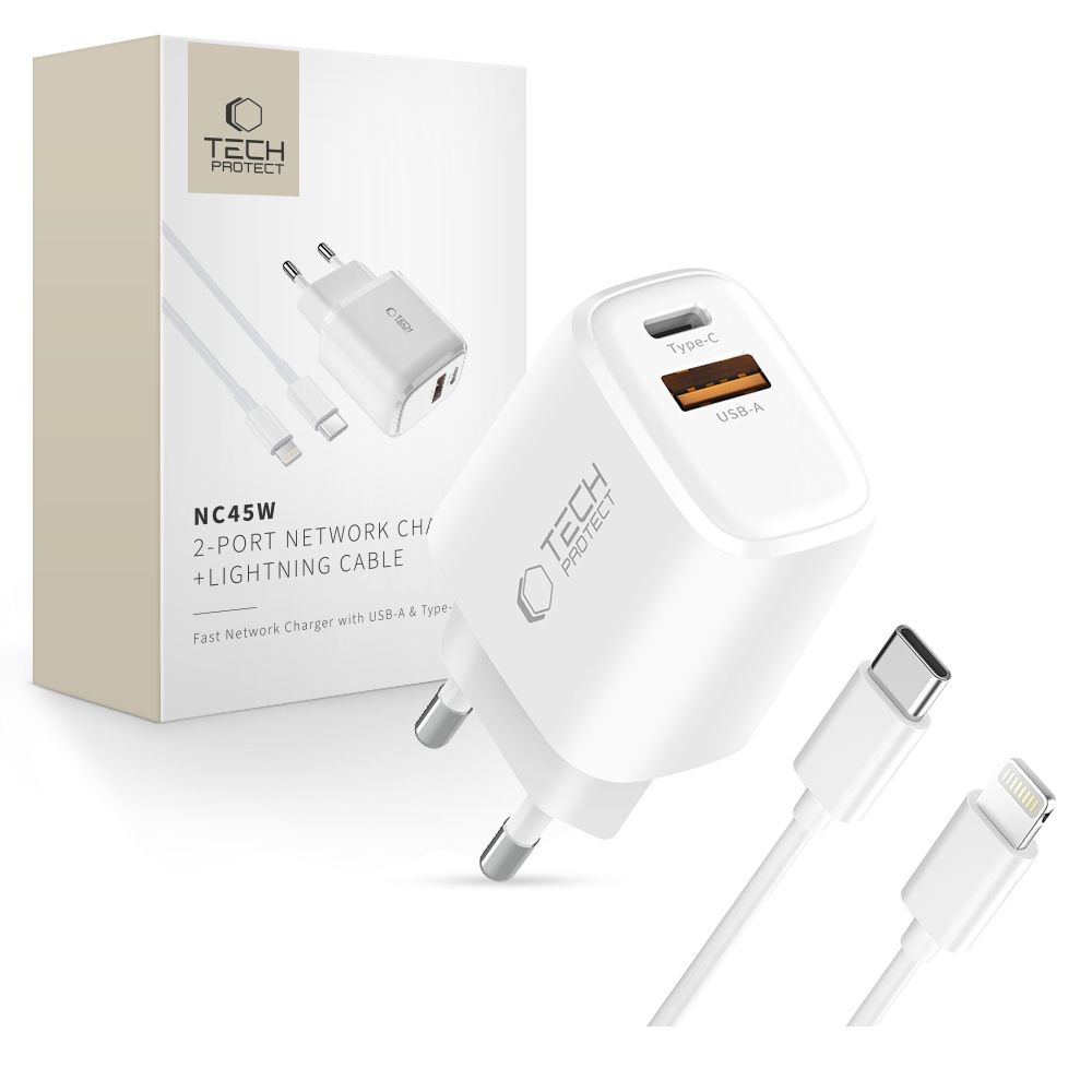 Tech-Protect NCA45W-GaN 2-portová nabíječka PD 45W/QC3.0 + USB-C/Lightning kabel - bílá