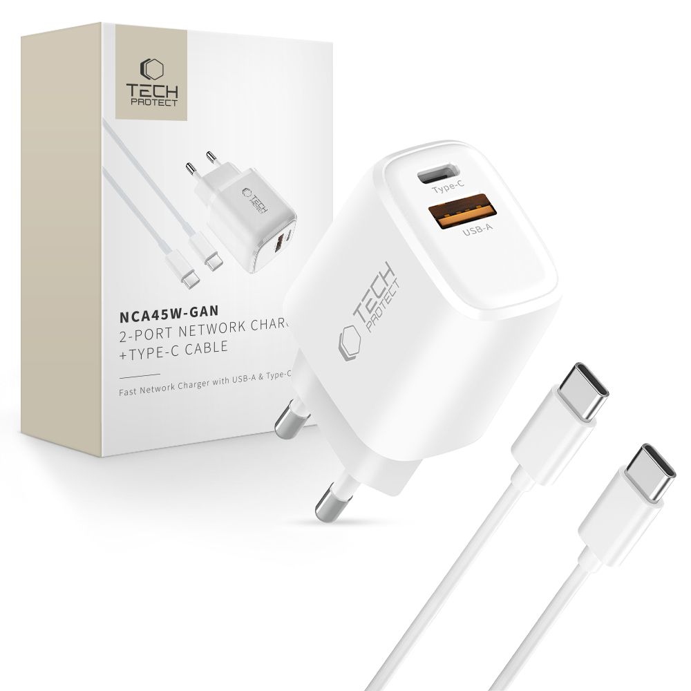 Tech-Protect NCA45W-GaN 2-portová nabíječka PD 45W/QC3.0 + USB-C/USB-C kabel - bílá