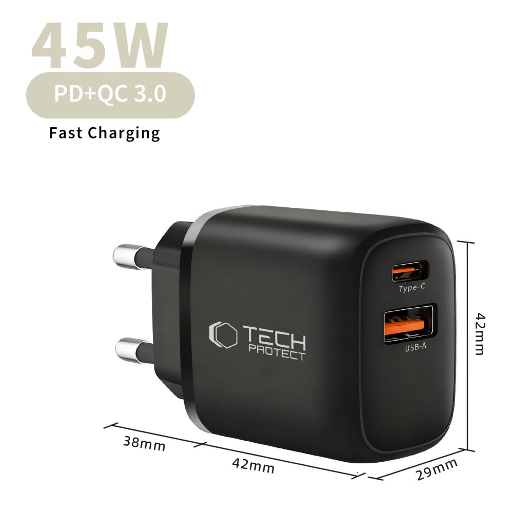 Tech-Protect NCA45W-GaN 2-portová nabíječka PD 45W/QC3.0 + USB-C/USB-C kabel - černá
