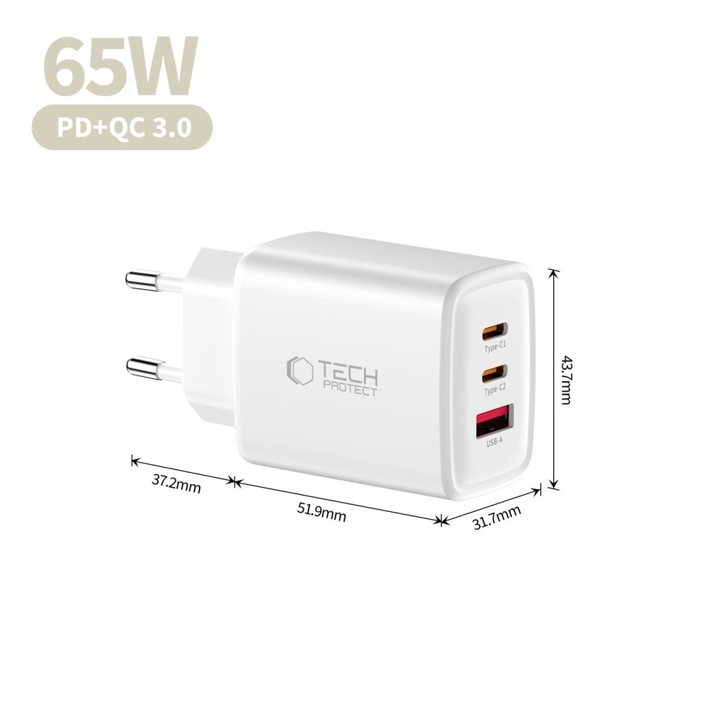 Tech-Protect NCA65W-GAN 3-portová nabíječka PD 65W/QC3.0 - bílá