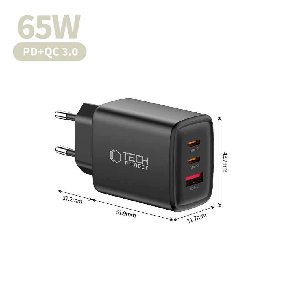 Tech-Protect NCA65W-GAN 3-portová nabíječka PD 65W/QC3.0 - černá
