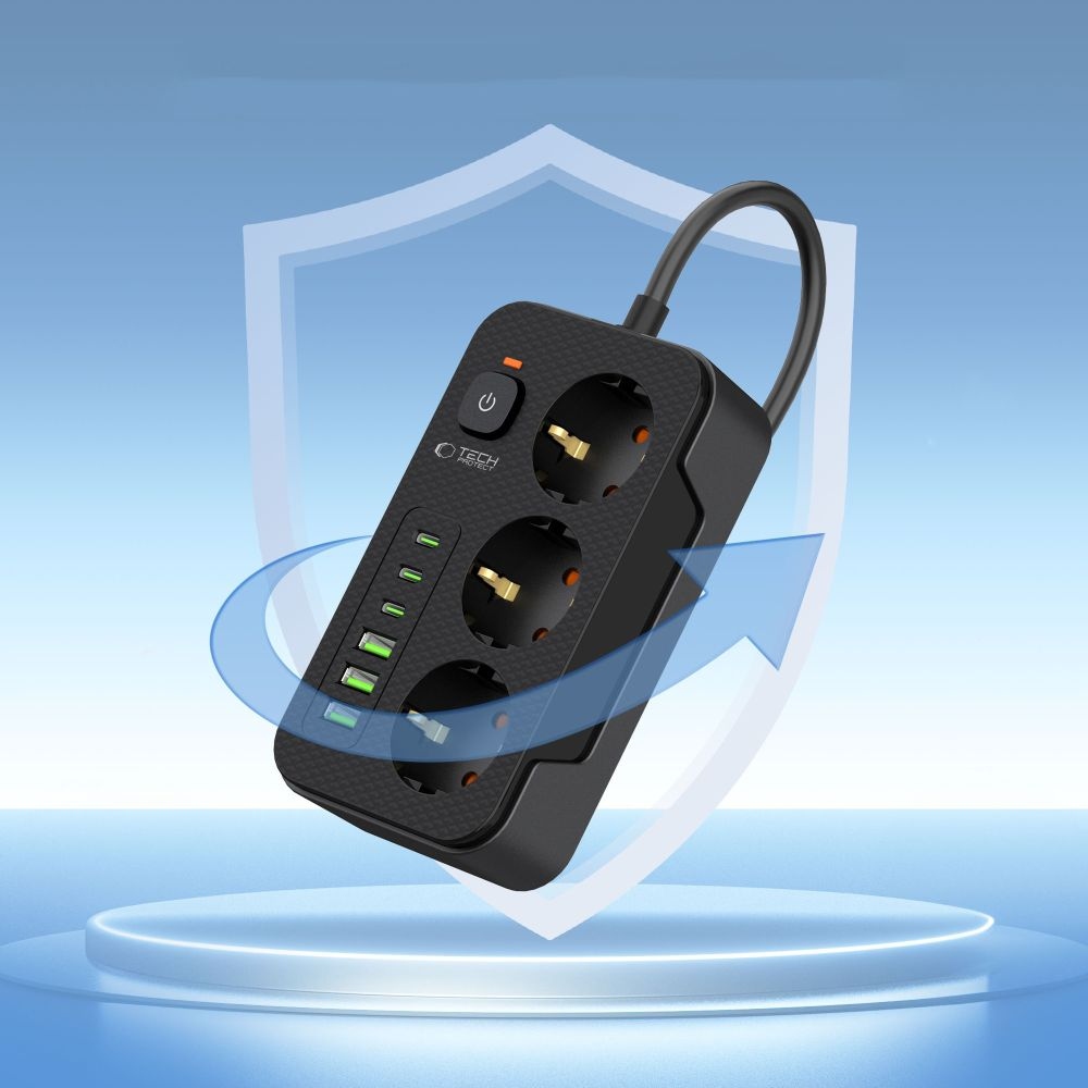Tech-Protect PC3X6 prodlužovací kabel s 3 zásuvkami 3 USB-A a 3 USB-C 2 m - černý