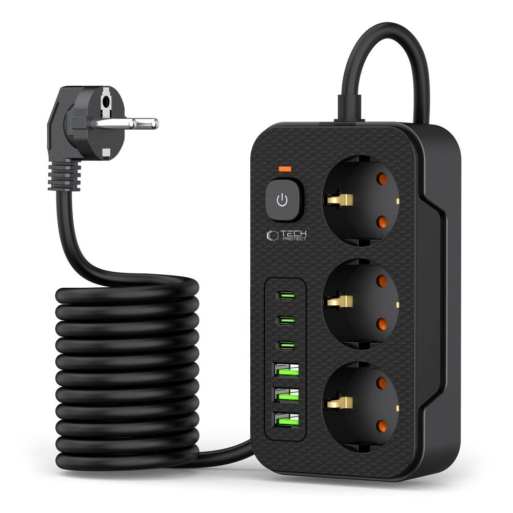 Tech-Protect PC3X6 prodlužovací kabel s 3 zásuvkami 3 USB-A a 3 USB-C 2 m - černý