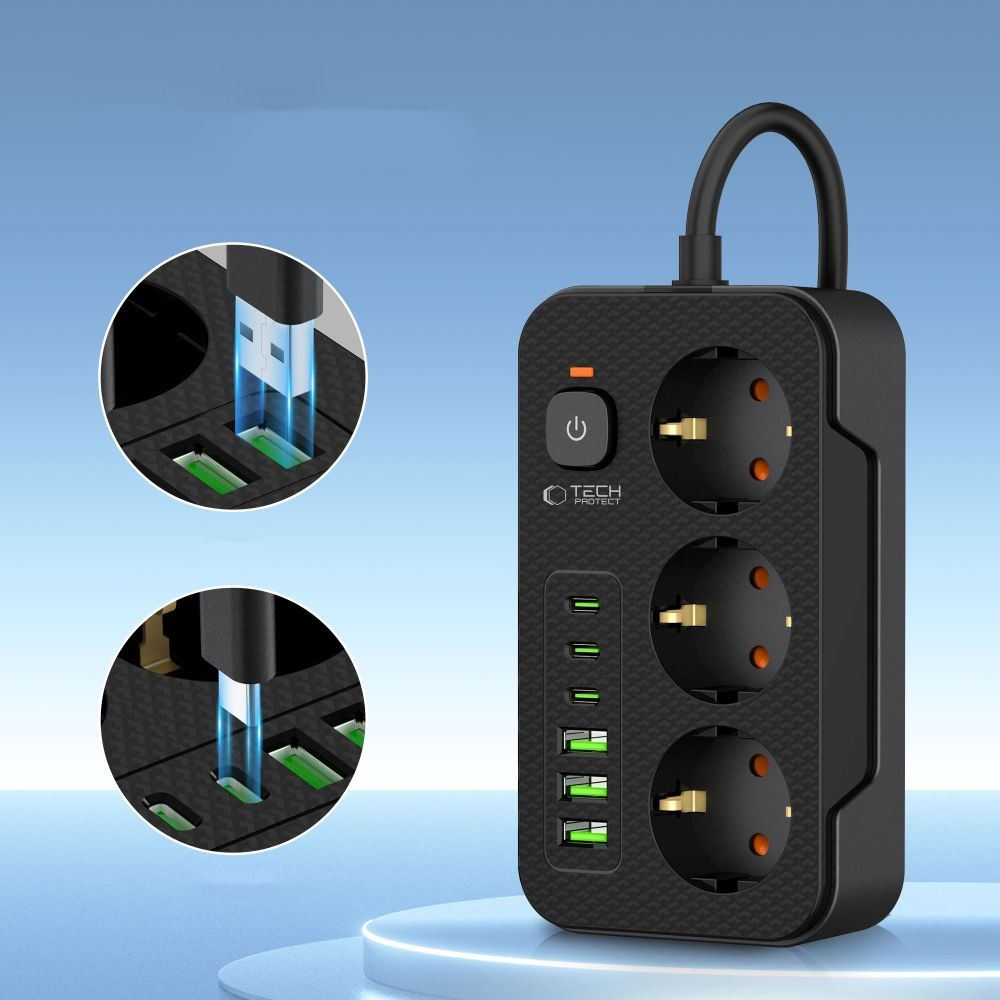 Tech-Protect PC3X6 prodlužovací kabel s 3 zásuvkami 3 USB-A a 3 USB-C 2 m - černý
