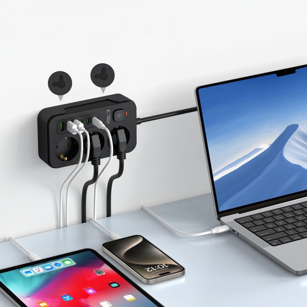 Tech-Protect PC3X6 prodlužovací kabel s 3 zásuvkami 3 USB-A a 3 USB-C 2 m - černý