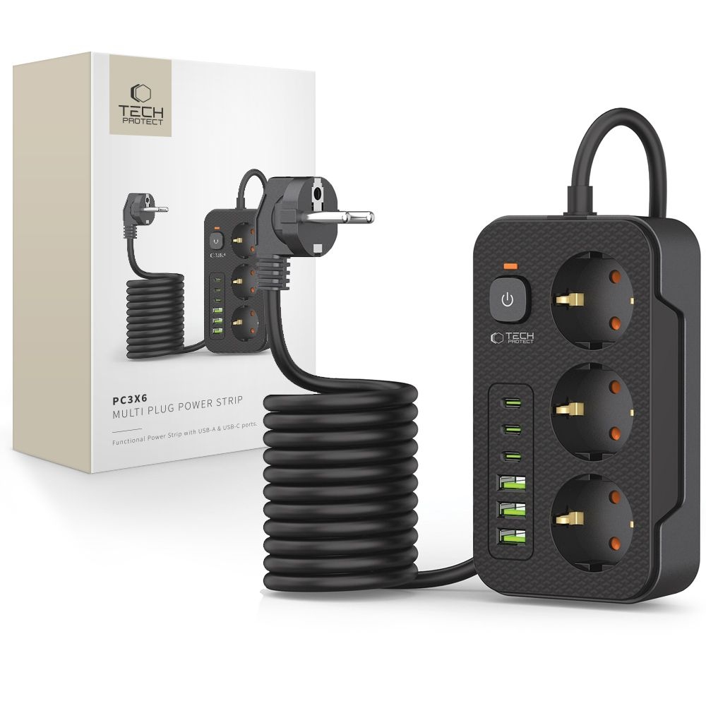 Tech-Protect PC3X6 prodlužovací kabel s 3 zásuvkami 3 USB-A a 3 USB-C 2 m - černý