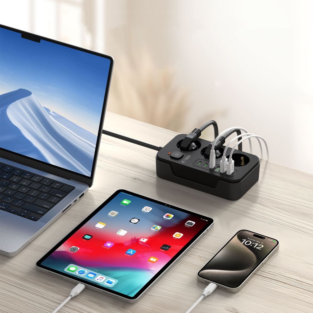 Tech-Protect PC3X6 prodlužovací kabel s 3 zásuvkami 3 USB-A a 3 USB-C 2 m - černý