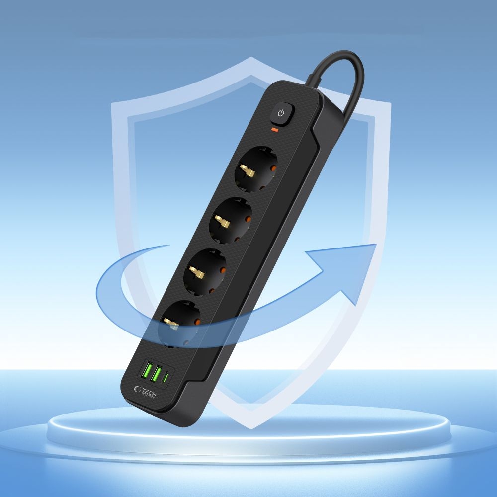 Tech-Protect PC4X3 prodlužovací kabel s 4 zásuvkami 2 USB-A a 1 USB-C 2m - černý