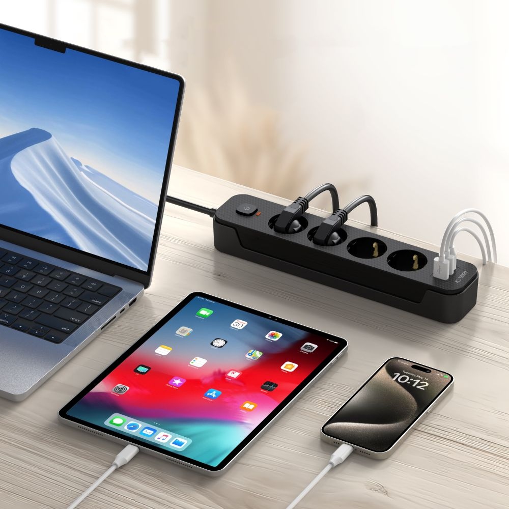 Tech-Protect PC4X3 prodlužovací kabel s 4 zásuvkami 2 USB-A a 1 USB-C 2m - černý