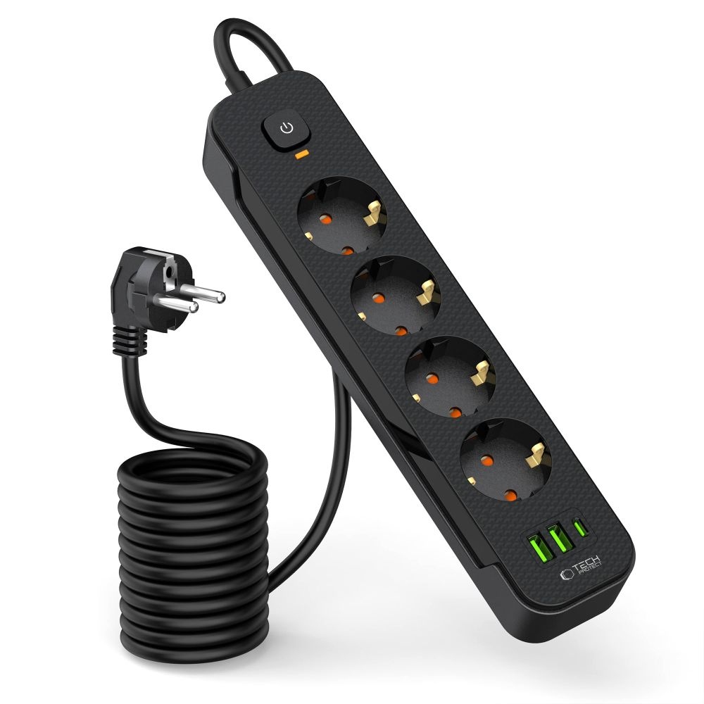 Tech-Protect PC4X3 prodlužovací kabel s 4 zásuvkami 2 USB-A a 1 USB-C 2m - černý