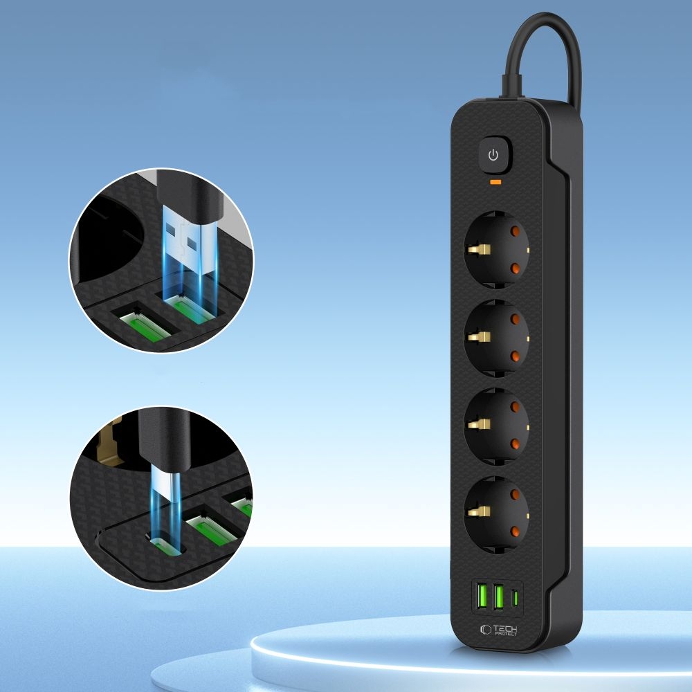 Tech-Protect PC4X3 prodlužovací kabel s 4 zásuvkami 2 USB-A a 1 USB-C 2m - černý
