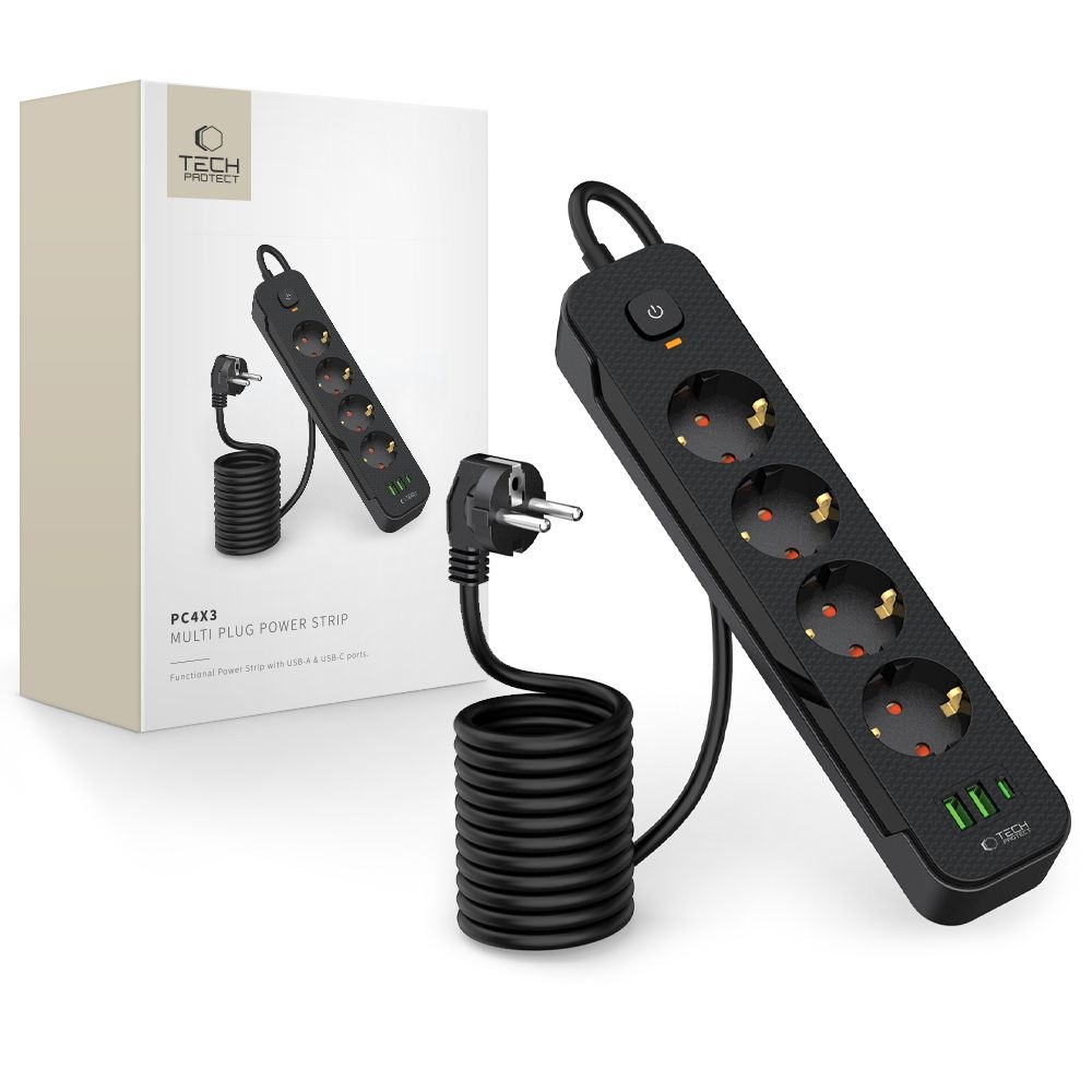 Tech-Protect PC4X3 prodlužovací kabel s 4 zásuvkami 2 USB-A a 1 USB-C 2m - černý
