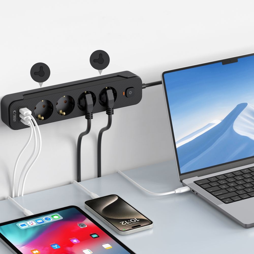 Tech-Protect PC4X3 prodlužovací kabel s 4 zásuvkami 2 USB-A a 1 USB-C 2m - černý