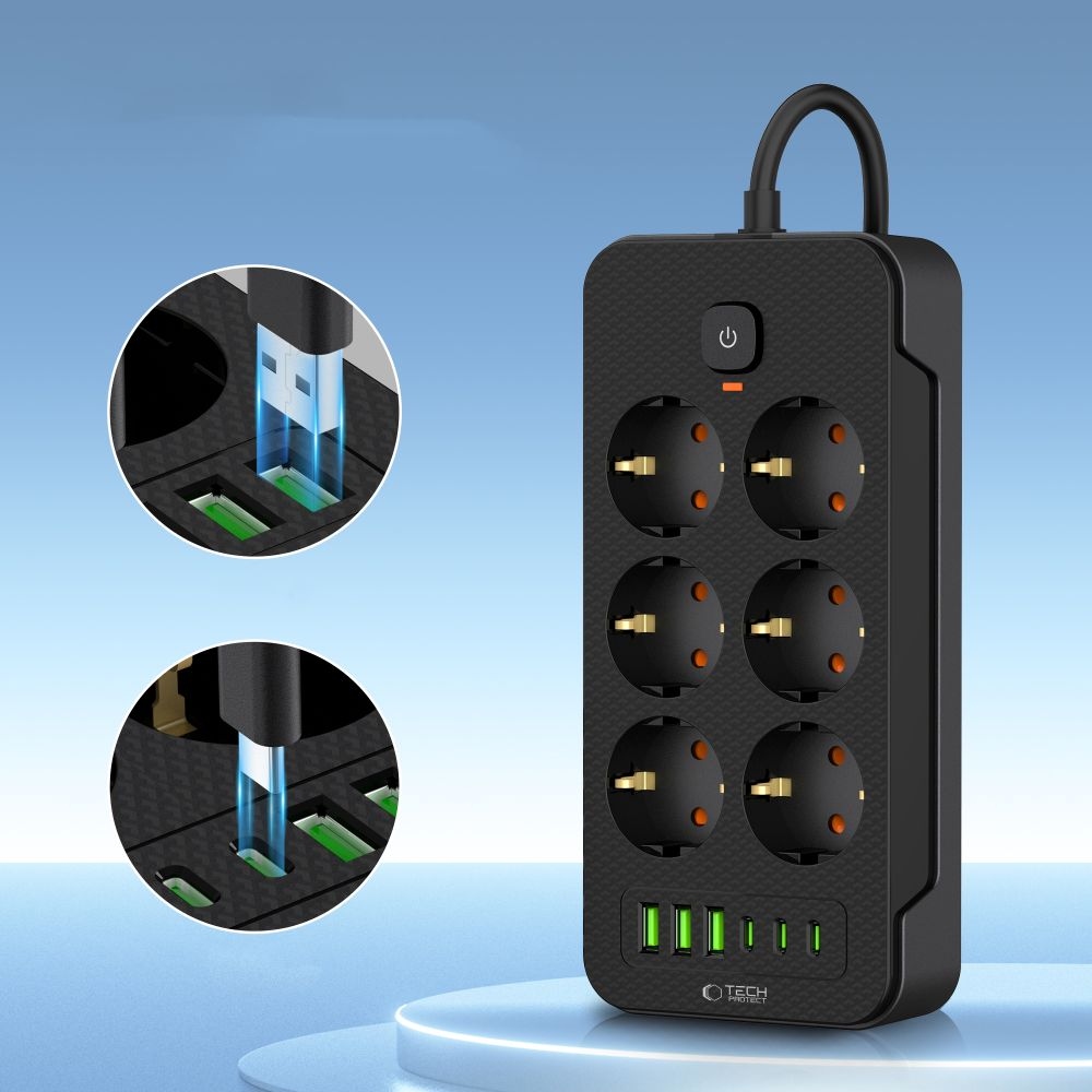 Tech-Protect PC6X6 prodlužovací kabel s 6 zásuvkami 3 USB-A a 3 USB-C 2 m - černý