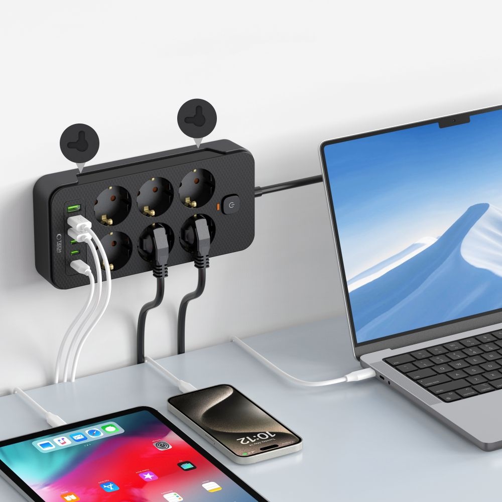Tech-Protect PC6X6 prodlužovací kabel s 6 zásuvkami 3 USB-A a 3 USB-C 2 m - černý