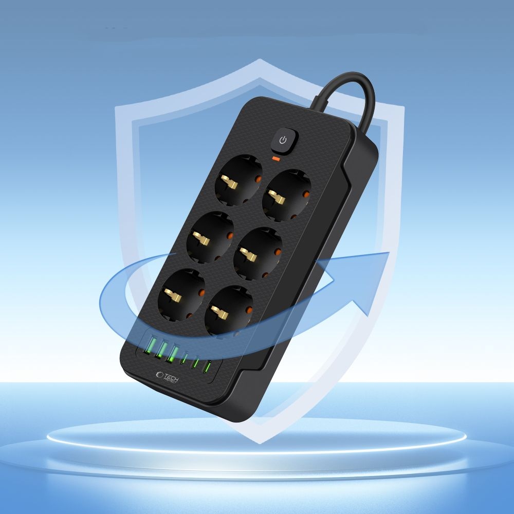 Tech-Protect PC6X6 prodlužovací kabel s 6 zásuvkami 3 USB-A a 3 USB-C 2 m - černý