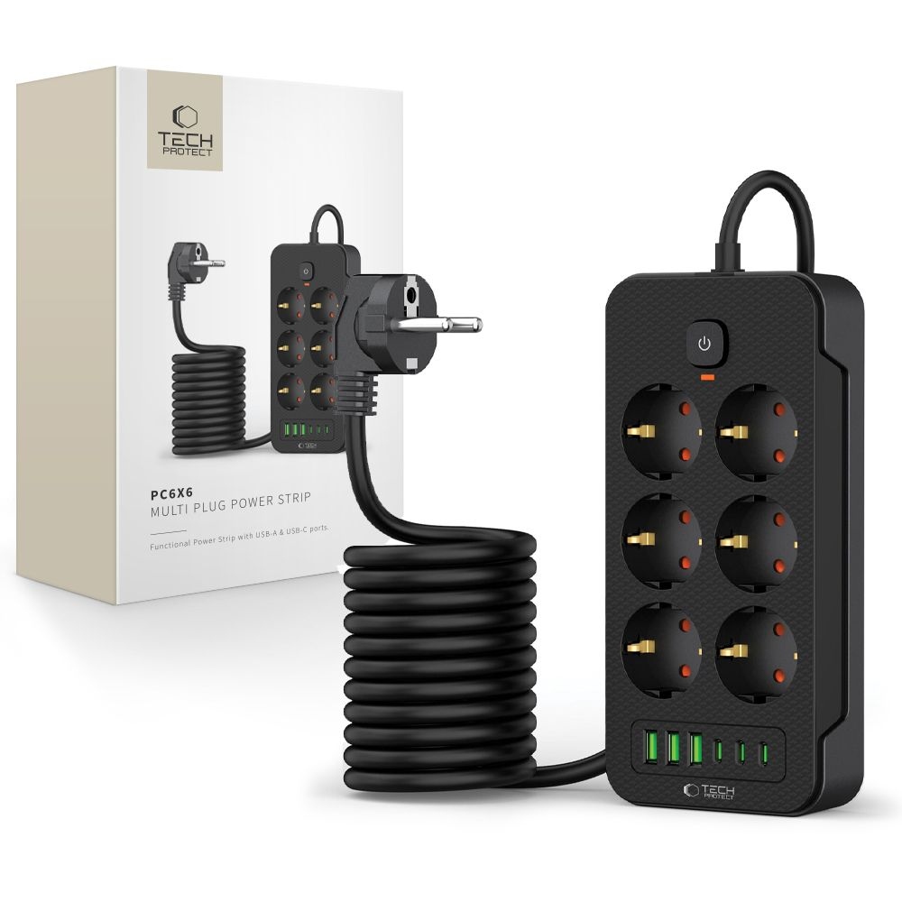 Tech-Protect PC6X6 prodlužovací kabel s 6 zásuvkami 3 USB-A a 3 USB-C 2 m - černý