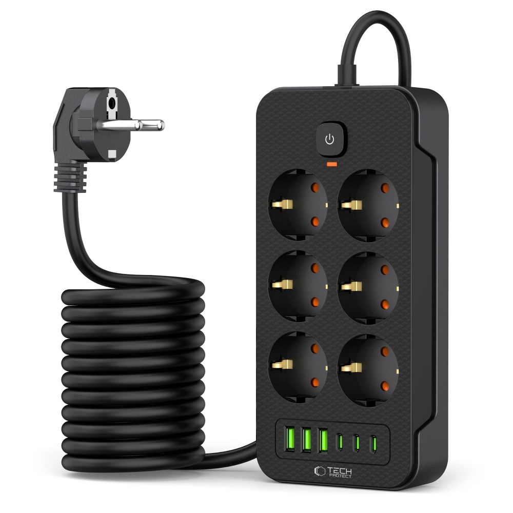 Tech-Protect PC6X6 prodlužovací kabel s 6 zásuvkami 3 USB-A a 3 USB-C 2 m - černý