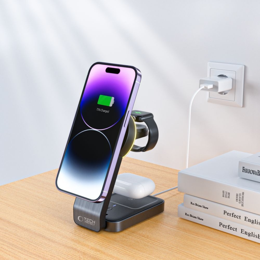 Tech-Protect QI15W-A28 cestovní nabíjecí stojánek 3v1 s MagSafe - černý