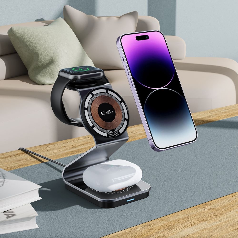 Tech-Protect QI15W-A29 cestovní nabíjecí stojánek 3v1 s MagSafe - černý