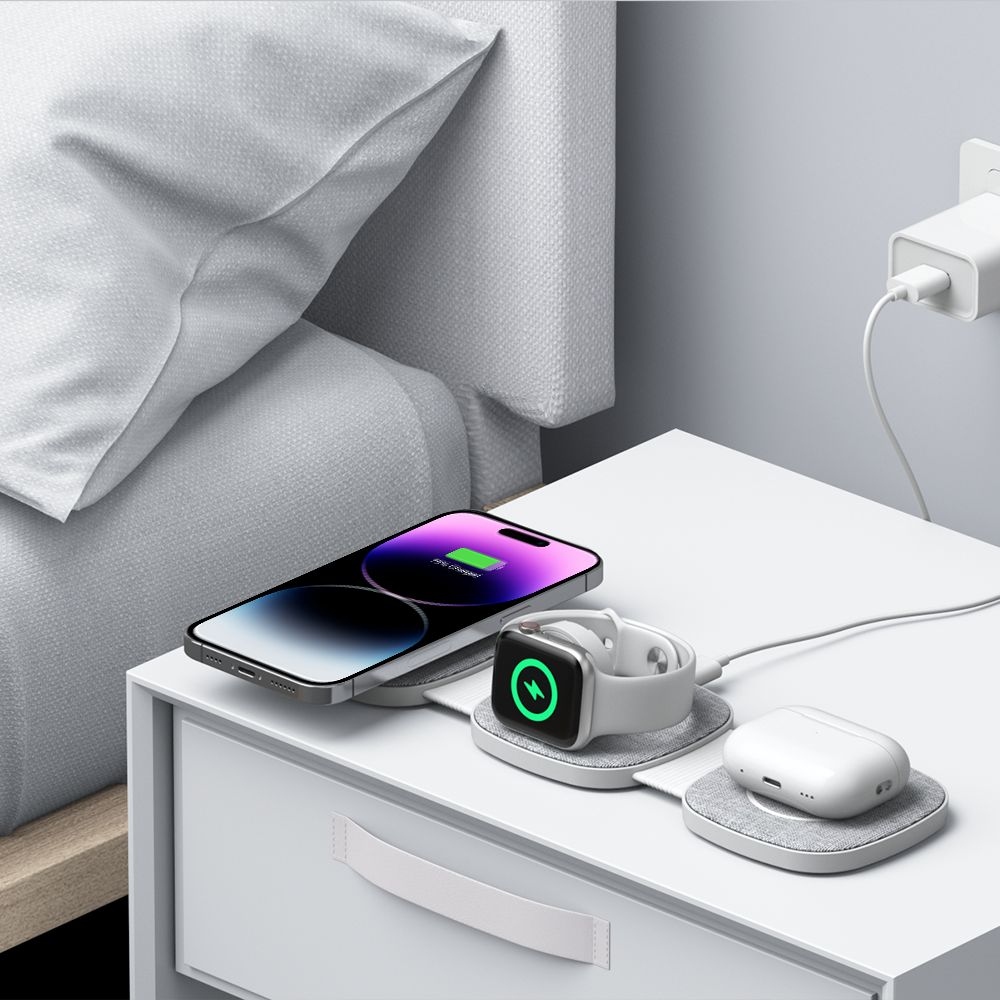 Tech-Protect QI15W-A32 cestovní nabíjecí stojánek 3v1 s MagSafe - šedý