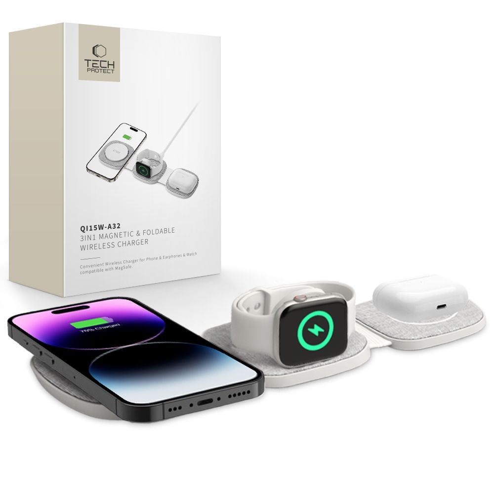 Tech-Protect QI15W-A32 cestovní nabíjecí stojánek 3v1 s MagSafe - šedý