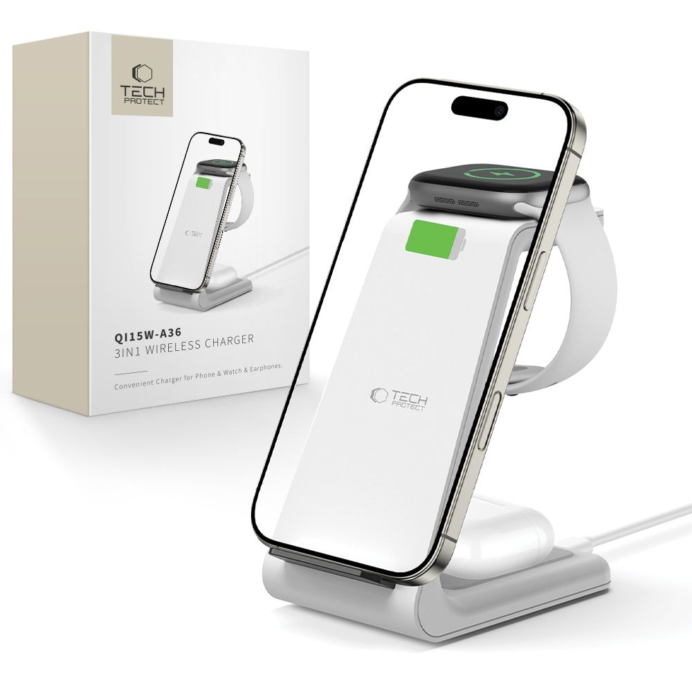 Tech-Protect QI15W-A36 nabíjecí stojánek 3v1 pro Apple iPhone, Watch a AirPods - bílý