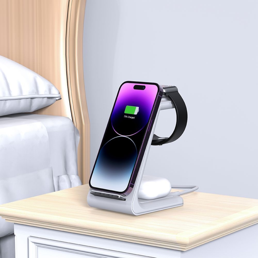 Tech-Protect QI15W-A36 nabíjecí stojánek 3v1 pro Apple iPhone, Watch a AirPods - bílý