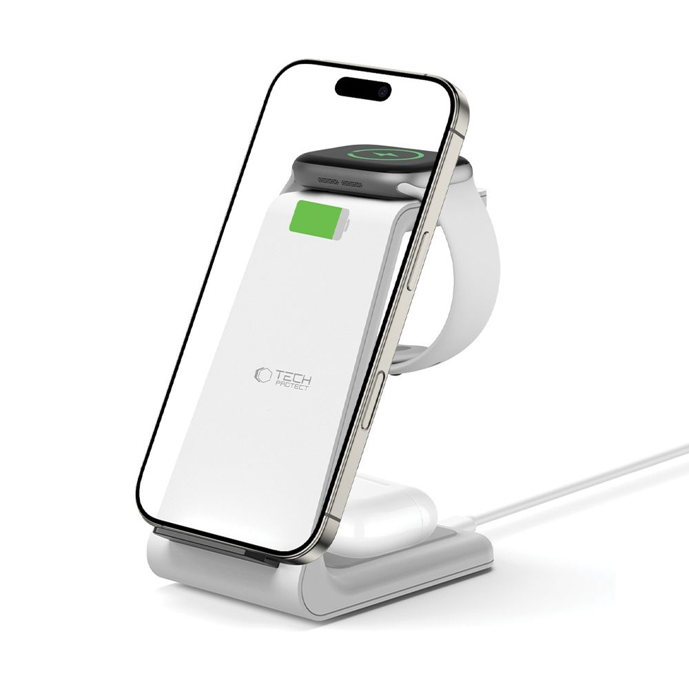 Tech-Protect QI15W-A36 nabíjecí stojánek 3v1 pro Apple iPhone, Watch a AirPods - bílý