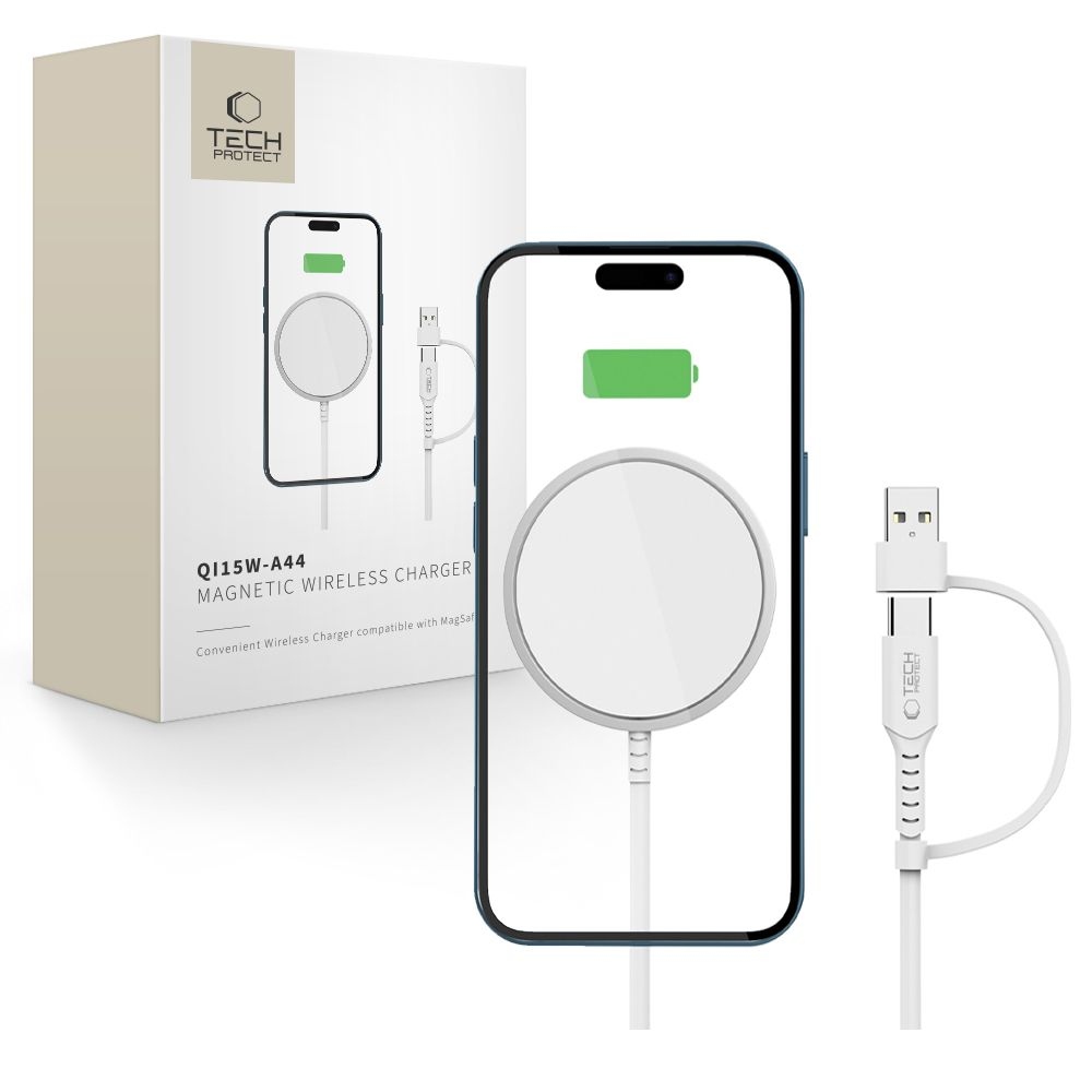 Tech-Protect QI15W-A44 bezdrátová MagSafe nabíječka s USB-C a USB-A - bílá