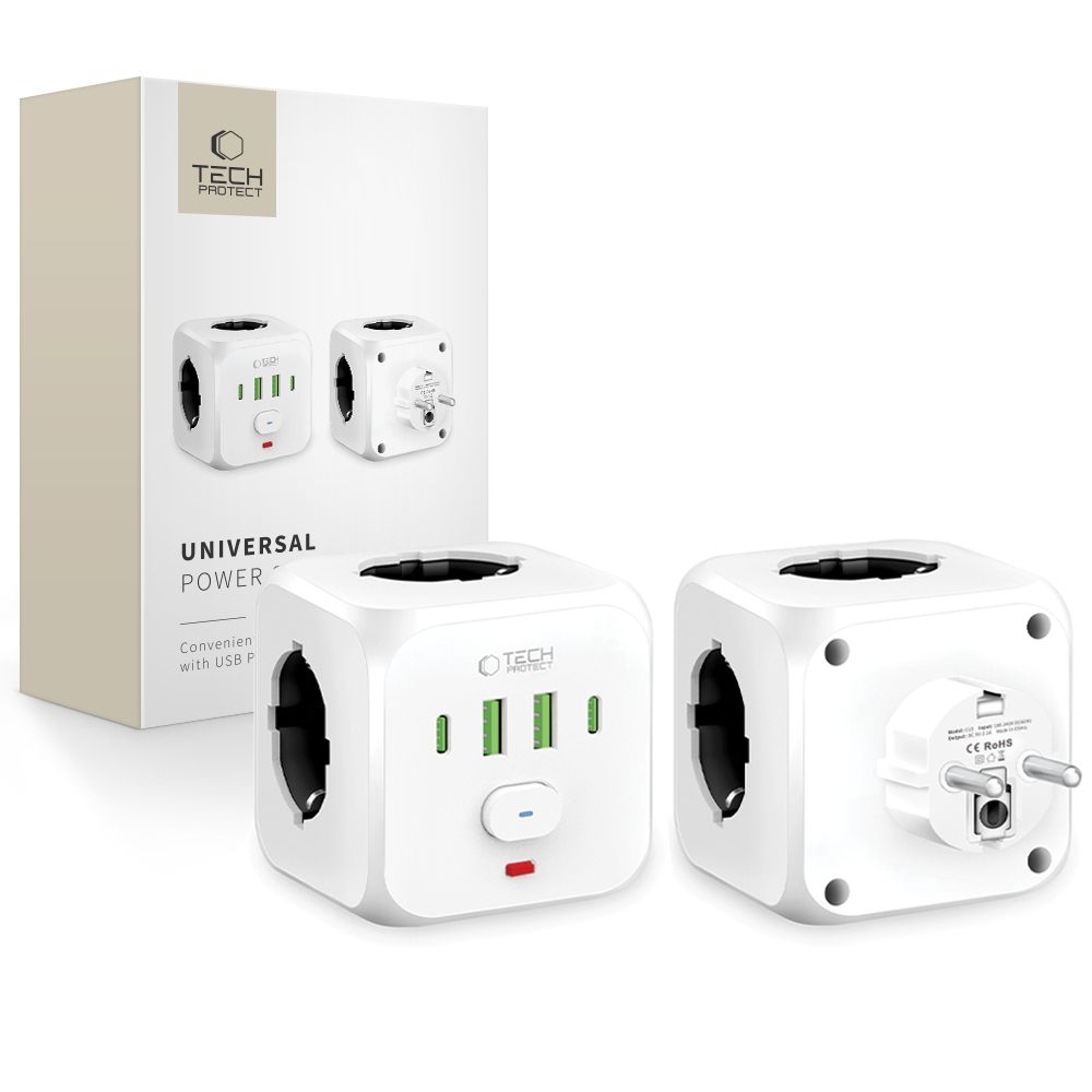Tech-Protect Rozdvojka C13 PCL3X4 3x zásuvka 2x USB-A 2x USB-C - bílá