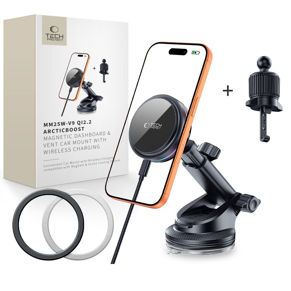 Tech-Protect V9 ArcticBoost MagSafe držák do auta s bezdrátovým nabíjením Qi2.2 25W - černý