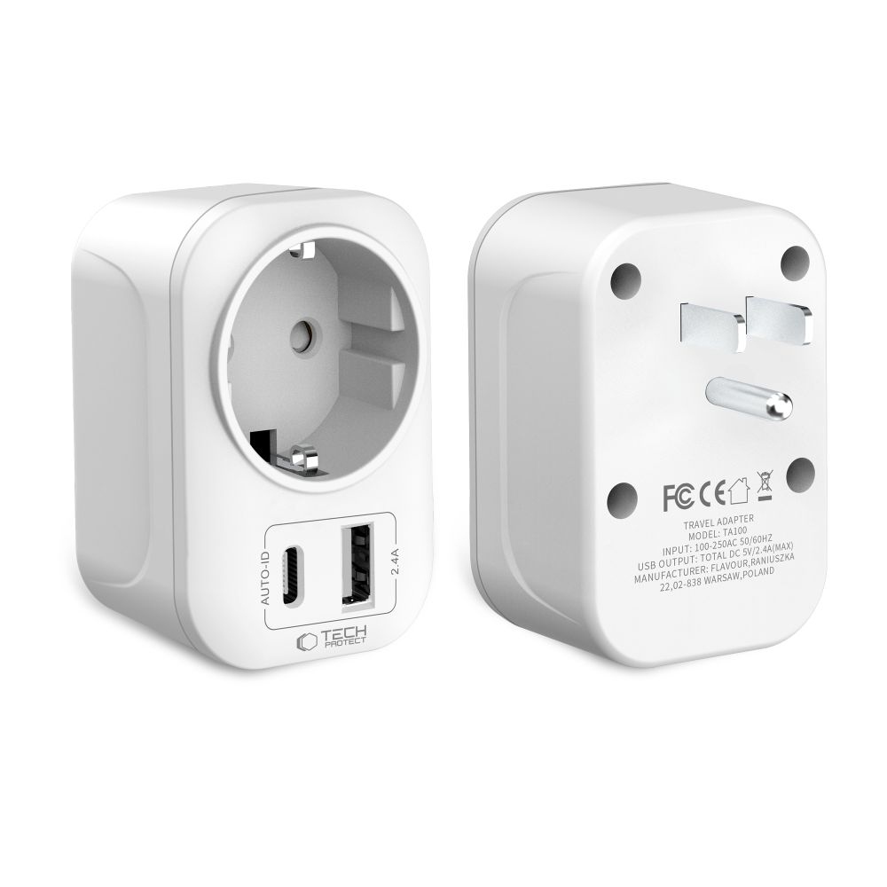Tech-Protect TA100 cestovní adaptér EU na US s USB-C a USB-A