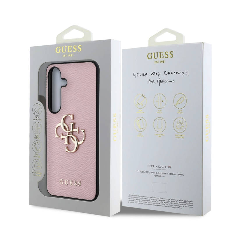 Guess PU Grained 4G Metal Logo Zadní Kryt pro Samsung Galaxy S25+ Pink