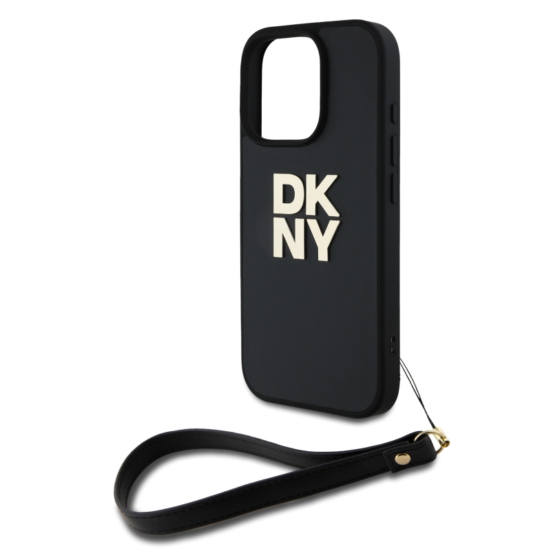 DKNY PU Leather Stack Logo Wrist Strap Zadní Kryt pro iPhone 16 Pro Max Black