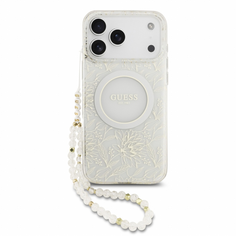 Guess IML Flowers Allover Strap MagSafe Zadní Kryt pro iPhone 18 Pro Max White