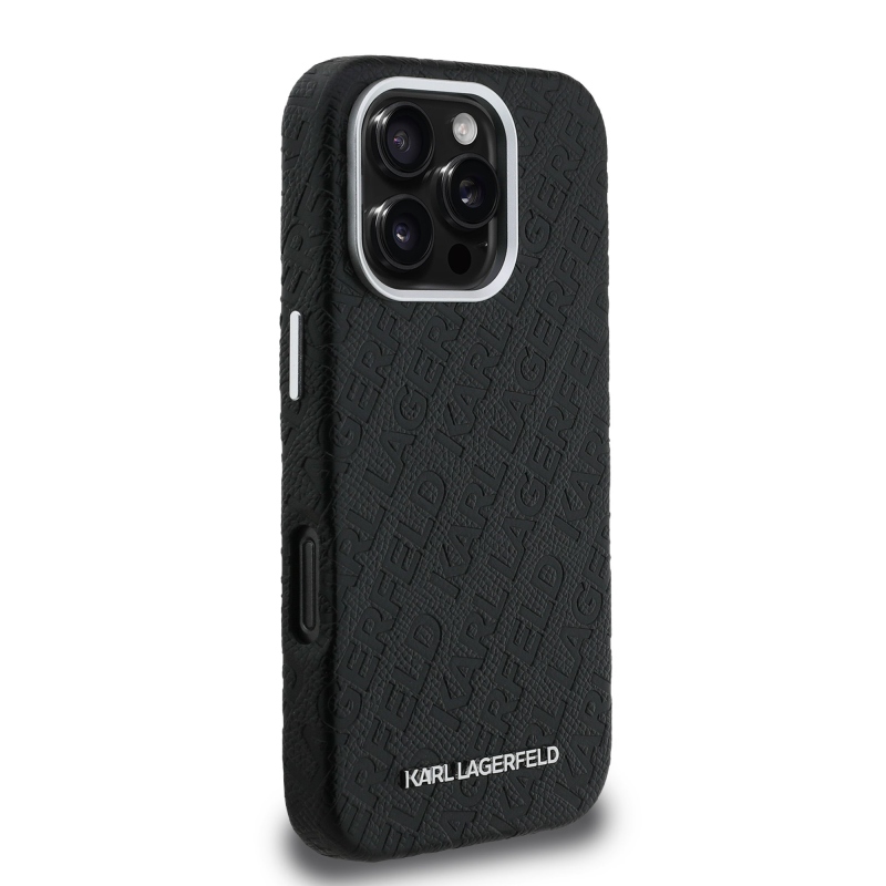 Karl Lagerfeld Grained PU Repeated Logo MagSafe Zadní Kryt pro iPhone 16 Pro Black