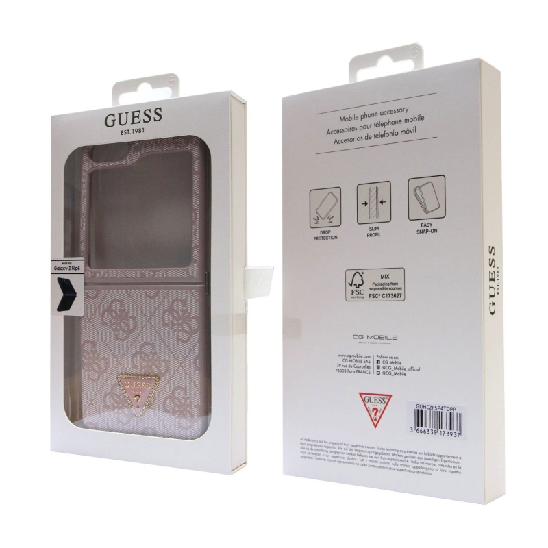 Guess 4G PU Leather Triangle Zadní Kryt pro Samsung Galaxy Z Flip 5 Pink