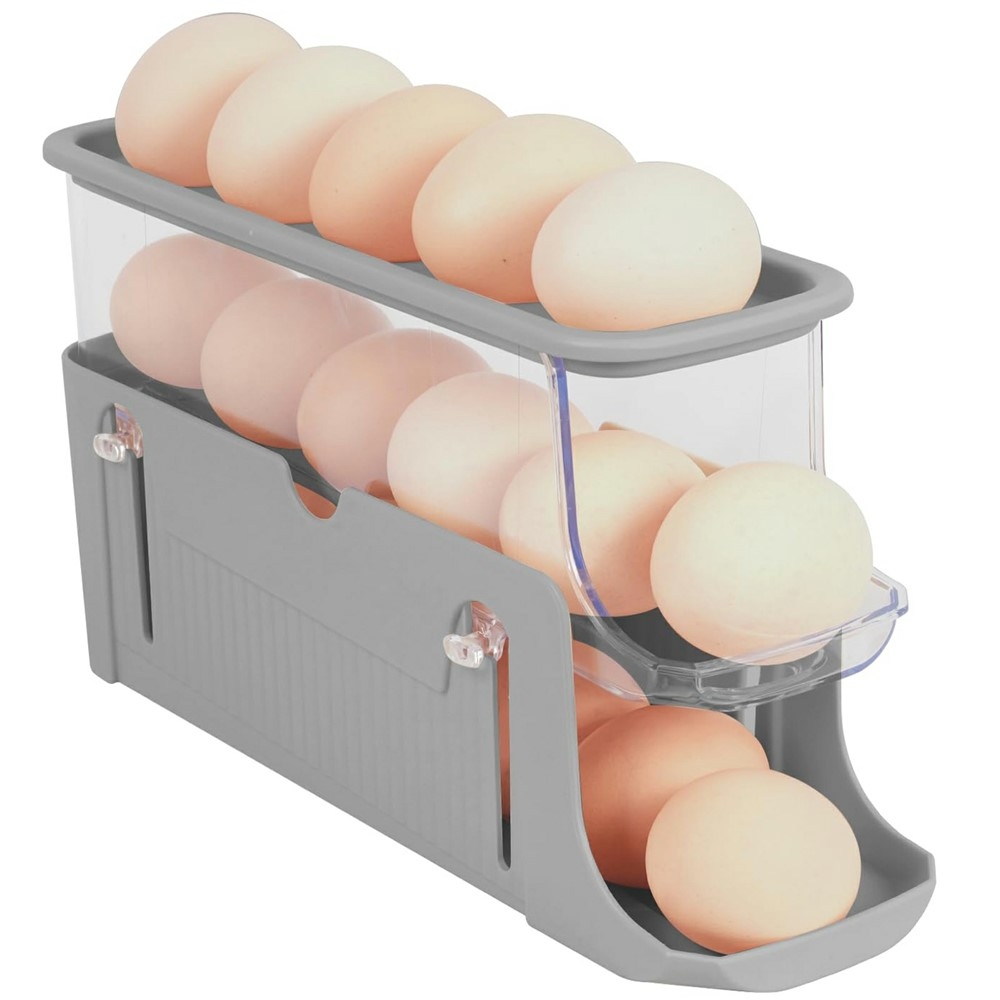 Třípatrový organizér na vejce do lednice s automatickým posuvem – šedý