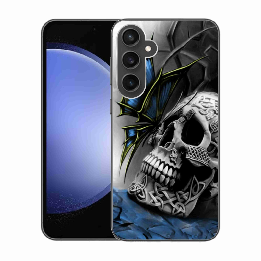 Gelový kryt mmCase na Samsung Galaxy S23 FE - motýl a lebka