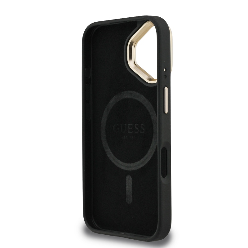 Guess PU 4G Strass Triangle Logo Stand Camera Frame MagSafe Zadní Kryt pro iPhone 16 Black