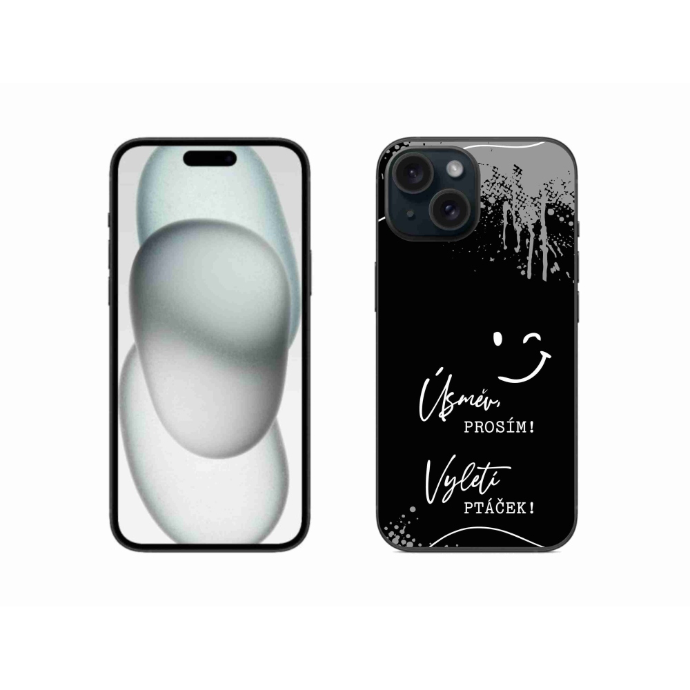Gelový kryt mmCase na iPhone 15 - vtipný text 4 černé pozadí