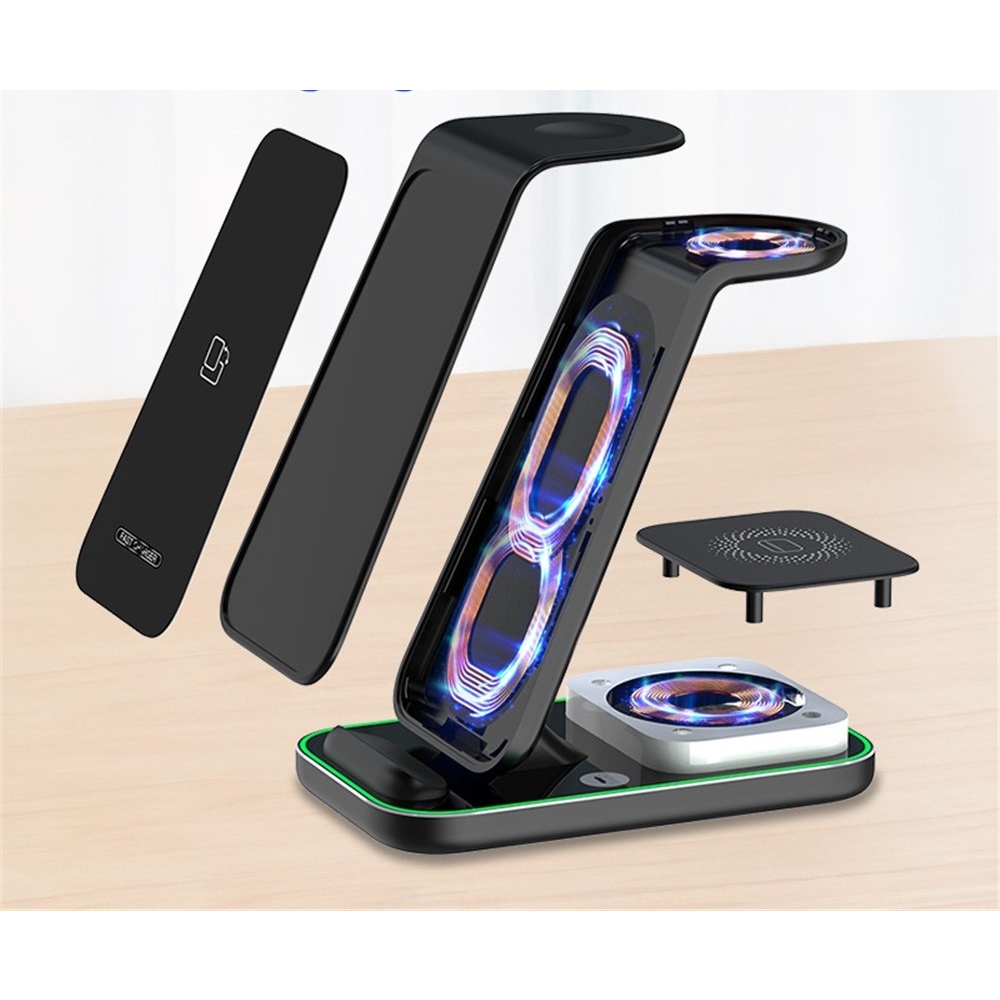 YF-A6 bezdrátová nabíjecí stanice 3v1 15W s nočním světlem - bílá