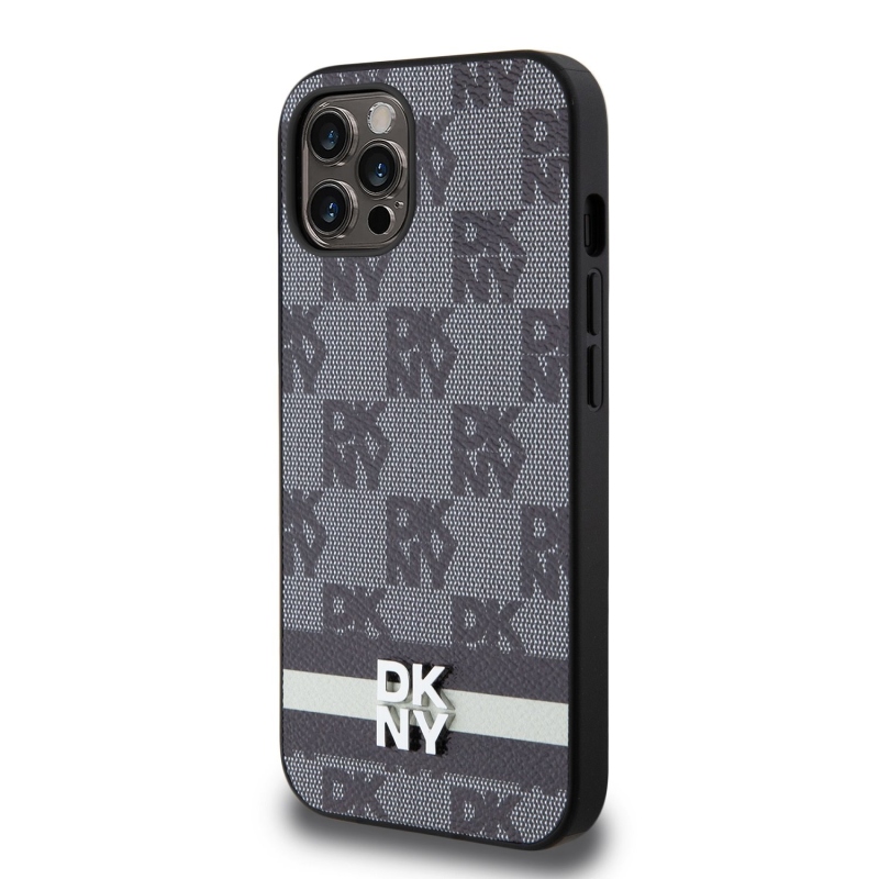 DKNY PU Leather Checkered Pattern and Stripe Zadní Kryt pro iPhone 12/12 Pro Black