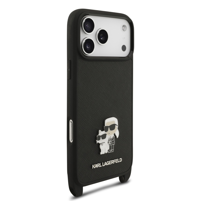 Karl Lagerfeld Saffiano Crossbody Popruh Metal Karl and Choupette Zadní Kryt pro iPhone 18 Pro Black